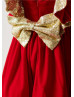 Red Velvet Gold Sequin V Back Knee Length Flower Girl Dress